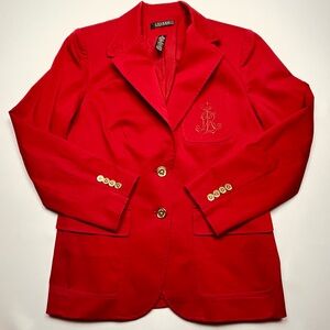 Lauren Ralph Lauren Blazer Size 10 Red Jacquard  Bullion Logo Academia EUC